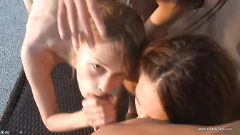 Group group on the pool with young girls