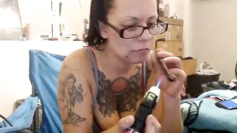 tattedvee busty young lady caresses shaved cunt