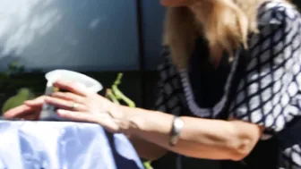 Doris Dawn shy slut caresses shaved cunt