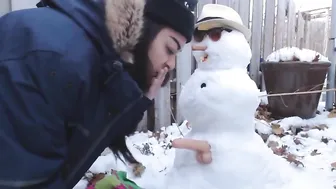 fucks a snowman in the backyard