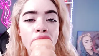 MiaMelon gorgeous brunette girl passionately sucks dildo