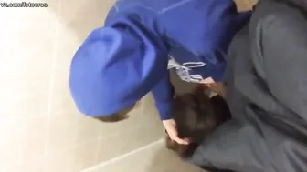 The brunette sucks the guy even in the company of friends