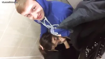 The brunette sucks the guy even in the company of friends