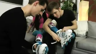 Brunette fucks with two guys