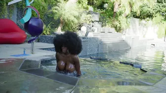 ebony mystique fluffy harlot fucks pussy with phallus