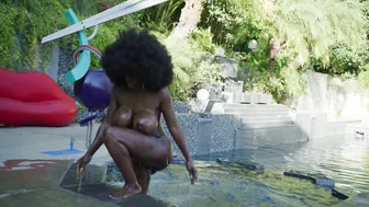 ebony mystique fluffy harlot fucks pussy with phallus