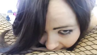 BouncyBritney busty brunette caresses shaved vagina